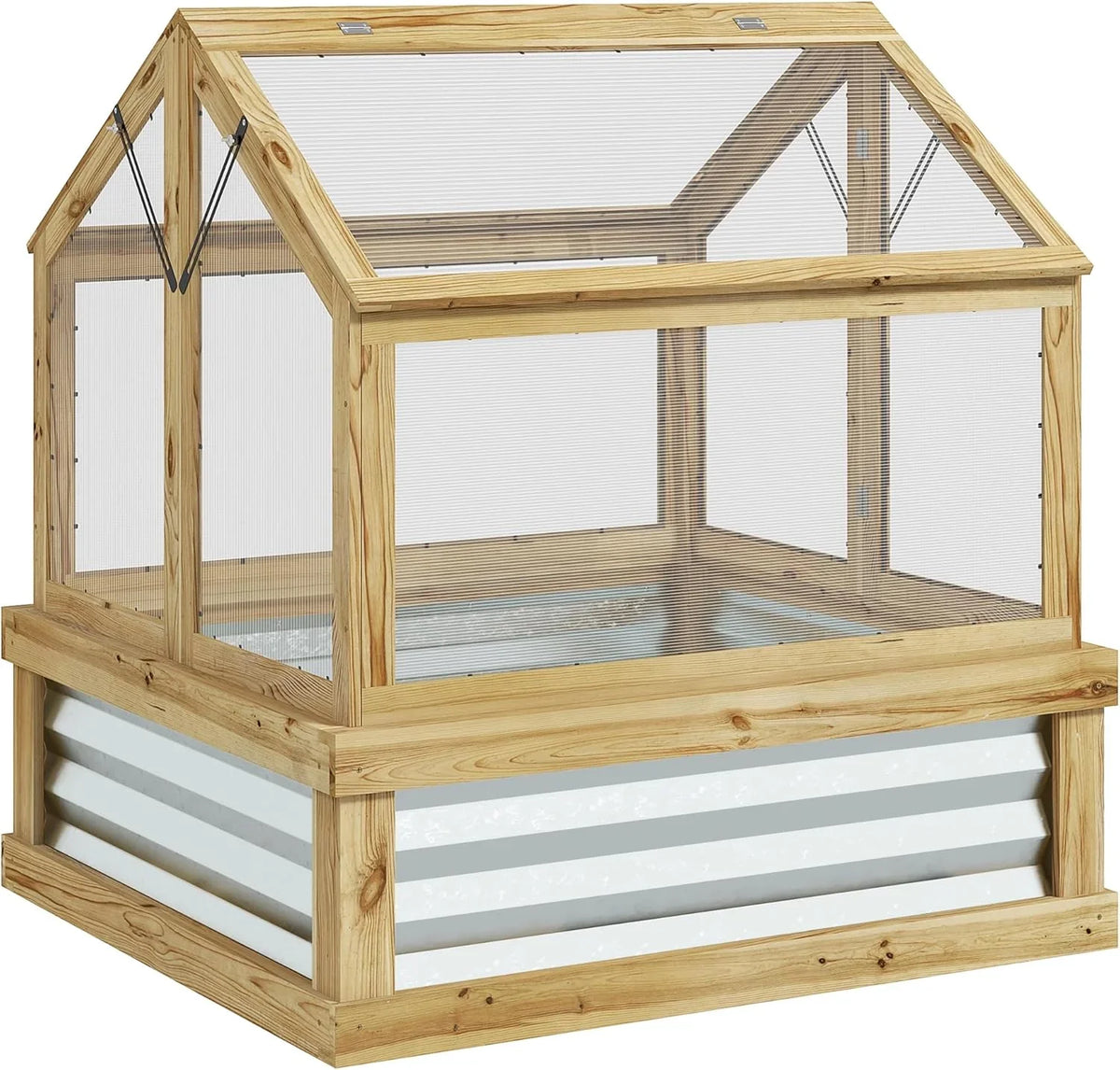 Raised Garden Bed with Polycarbonate Greenhouse, Wooden Cold Frame Greenhouse, Garden Flower Planter Protection, Peak Roof, 35.5" x 31.5" x 36", Natural