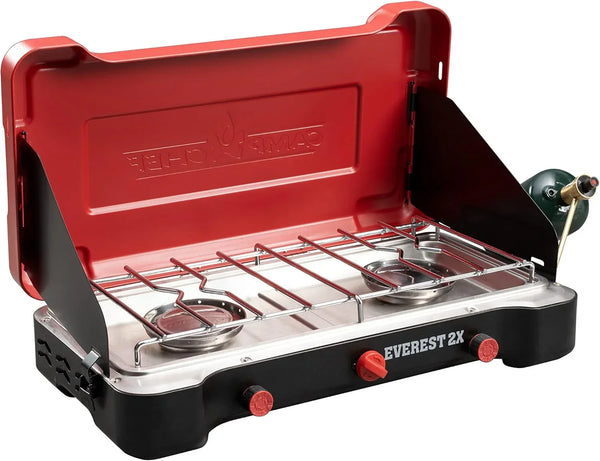 Camp Chef Mountain Series Everest 2X - High Output Two-Burner Camp Stove - Lid Doubles as Windscreen - Portable Cooking Stove - For Outdoor Cooking - 20,000 BTU Burners - 215 Sq In Cooking Area C8815