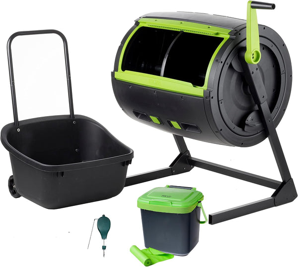 Two 65-gallon two-stage composting drums, equipped with large double doors and an open frame, are also provided along with a maze-style compost cart, a 1.85-gallon kitchen trolley-style compost bin, three rolls of corn bags, and a retractable plant t Q241