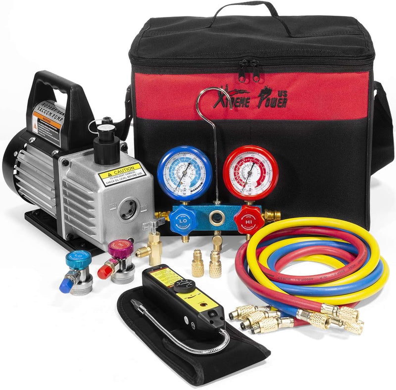Premium 4CFM Air Vacuum Pump HVAC A/C Refrigeration Kit AC Manifold Gauge Case Set R134a Tap w/Leak Detector and Carrying Tote Bag J8030
