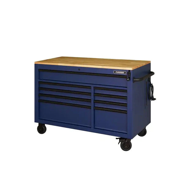 Heavy-Duty 52 in. 9-Drawer Mobile Workbench with Adjustable-Height Solid Wood Top in Matte Blue H5803