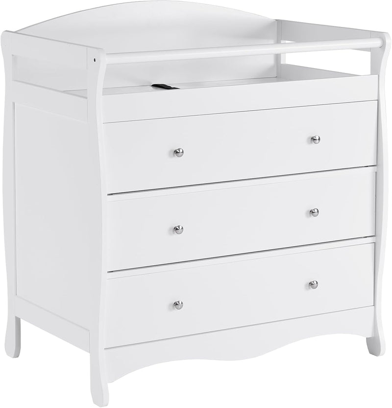 Changing Table Dresser Baby Diaper Changing Station Infant Nursing Table with 3 Drawers, Safety Rail & Strap for Bedroom, Nursery, White O3114