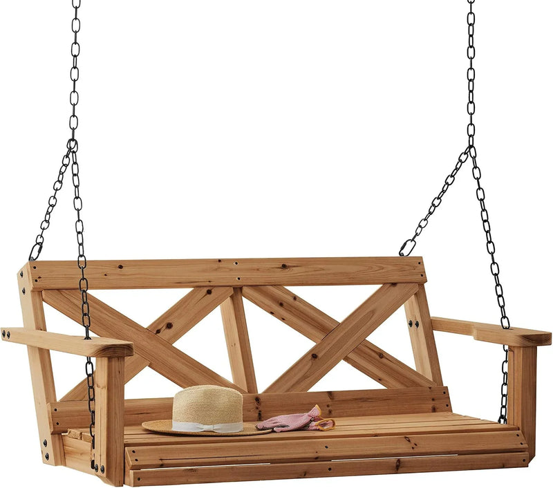 55" Cedar Wood Farmhouse Outdoor Porch Swing Bench with Two-Person Seating, Durable Hanging Chains, Water-Resistant, Heavy-Duty 600 Lbs Weight Capacity for Patio, Deck, Garden O2142