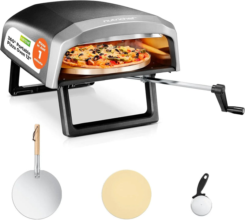 Outdoor pizza oven, equipped with 360-degree rotating pizza stone | Adjustable temperature control | Includes pizza shovel, pizza knife, stone, lid and hose | Can bake a 12-inch pizza in 60 seconds | 32.9 x 16.1 x 12.4 inches S8723