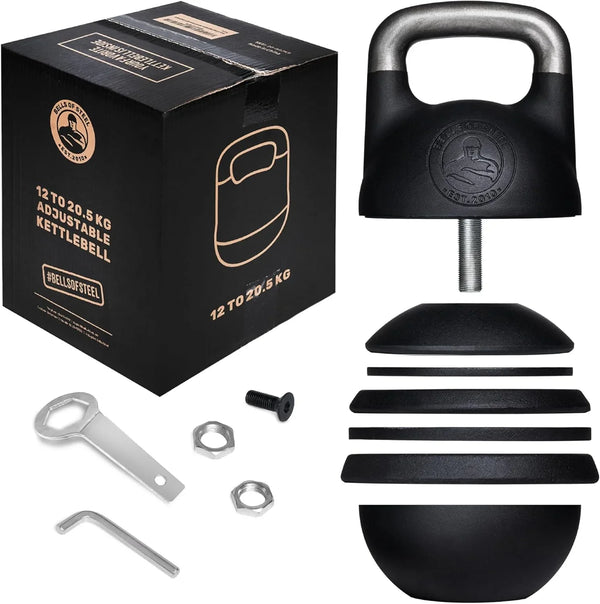 Adjustable Kettlebell Set [Bells of Steel] Kettle Bell Weight Set, Steel Shell, Internally-Loaded for Full Body Workouts, Competition Standard 35mm Handle, 12-20.5kg X5124