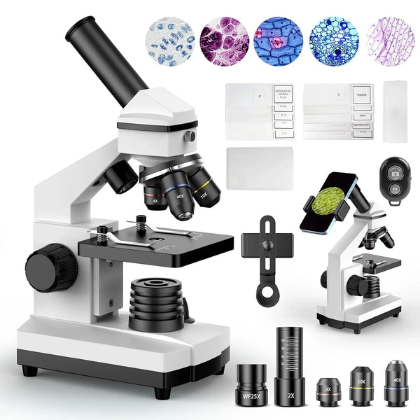 Compound Microscope for Adults & Kids - 100X-2000X High-Power Biological Microscope for Students, School Lab & Home Education, with Slides Set & Phone Adapter (White) Q2232