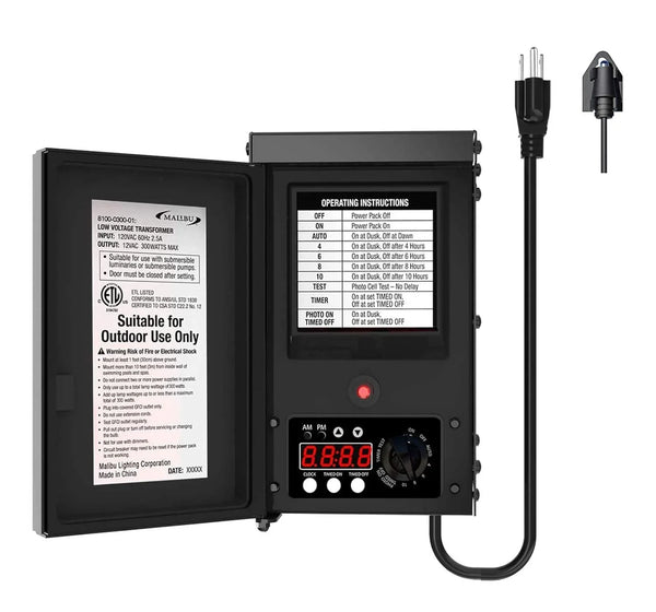 600W low-voltage transformer, outdoor landscape lighting transformer, 120V AC to 12V AC conversion, equipped with sensor and rain cover, suitable for garden LED lighting, spotlights, sidewalk lights D4200