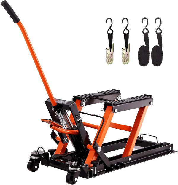 Hydraulic Motorcycle Lift Jack 1500 LBS Capacity ATV Scissor Lift Jack Portable Motorcycle Lift Table with 4 Wheels Hydraulic Foot-Operated Hoist Stand for Motorcycle ATV UTV Powersports X9440