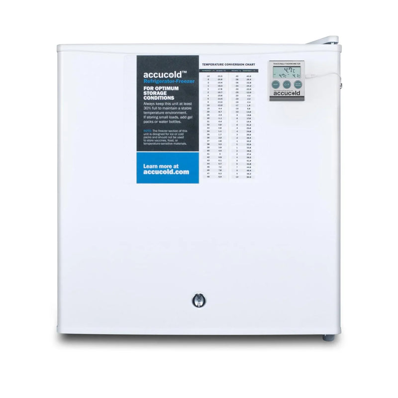 Compact refrigerator freezer, suitable for general use, with a white appearance, equipped with a NIST calibrated thermometer, manual defrosting device, hospital-grade power cord and front locking mechanism. D6076