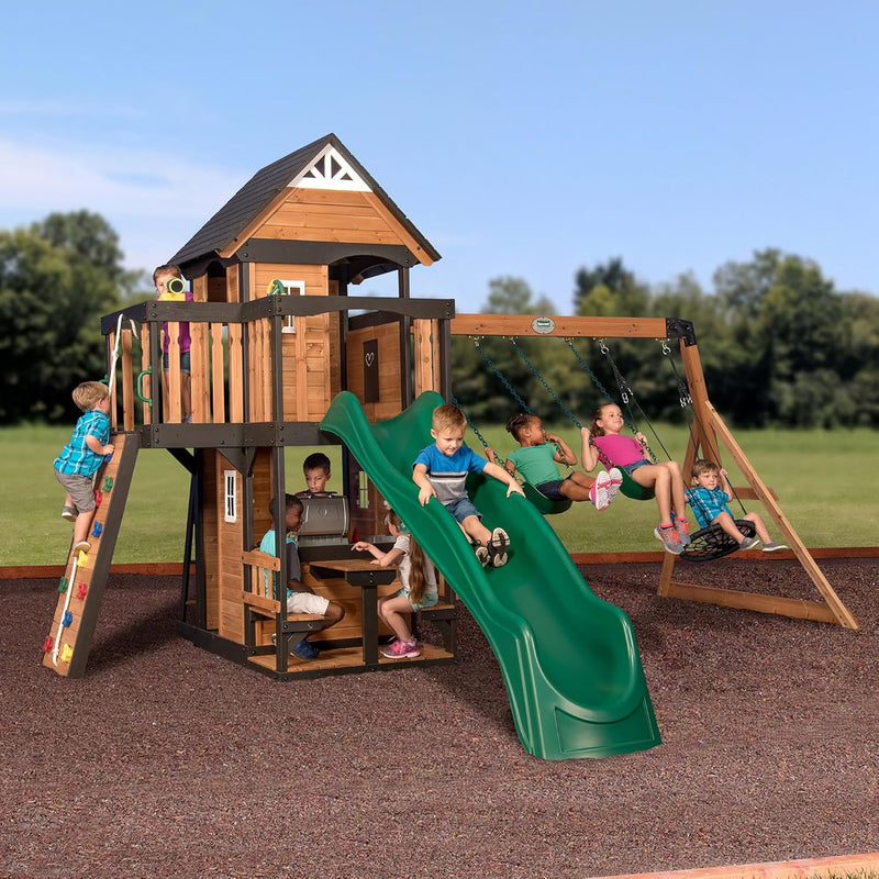 Canyon Creek Cedar Wood Swing Set with Wave Slide, Clubhouse, Play Kitchen, Picnic Area, Belt Swings, Web Swing, Rock Wall, Balconies, Playhouse, Step Ladder, Outdoor Playset L9584