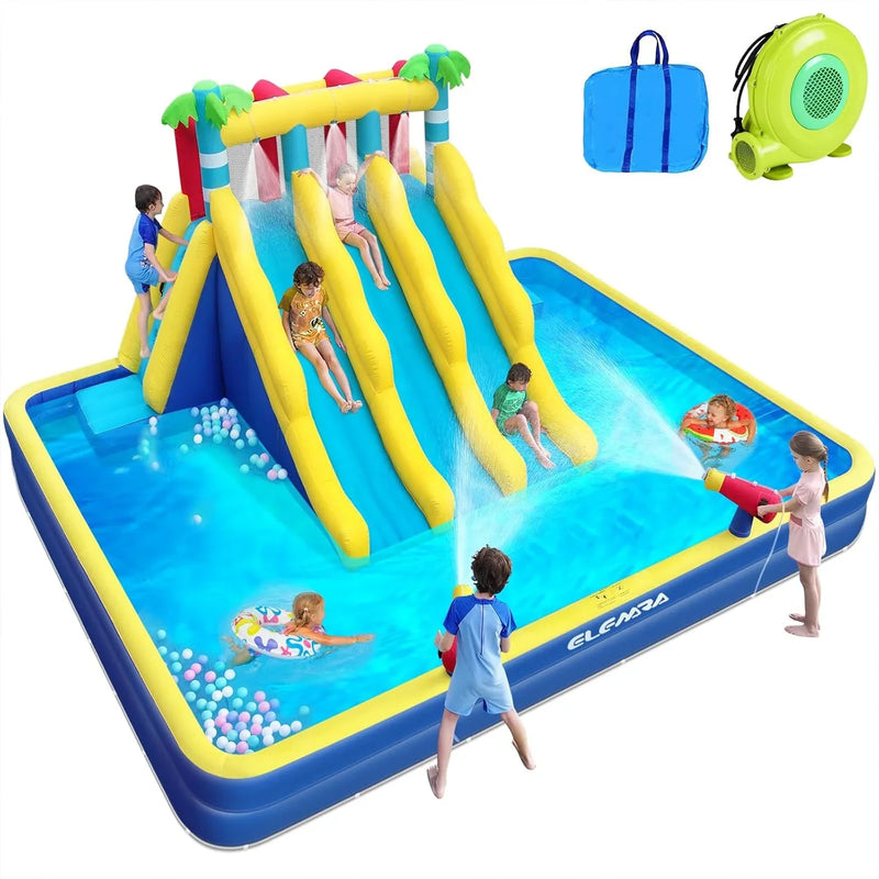 20.66x16.4FT Inflatable Water Slide for Big Kids, Water Park for Kids Backyard with Large Double-Layer Pool,3 Extra-Long Slides,Climbing Wall, 2 Water Cannons, Water Spraying, 750W Air Blower E4673