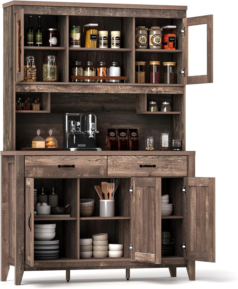 78.5-inch high kitchen cabinet storage unit, large storage cabinet with glass doors, equipped with drawers and adjustable shelves. The wooden kitchen storage unit has a microwave shelf, suitable for a home coffee bar. V2519