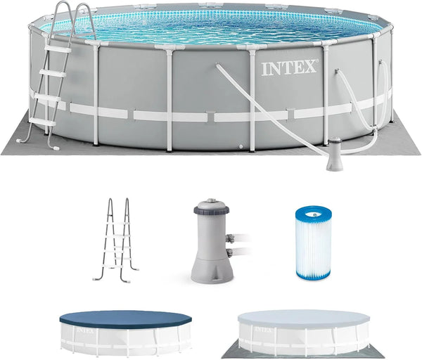 Above Ground Swimming Pool w/ Pump, Cover, & Ladder, 18' x 48", Prism Frame, Gray - Outdoor Round Family Pool w/ Filter, 42-Inch Deep Water X7328