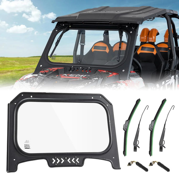 The glass windshield is equipped with 2 manual windshield wipers. It is scratch-resistant and wear-resistant. It is compatible with the 2019 - 2023 models of RZR XP 1000 / RZR XP super sports vehicles. The front windshield has a ventilatio W3498