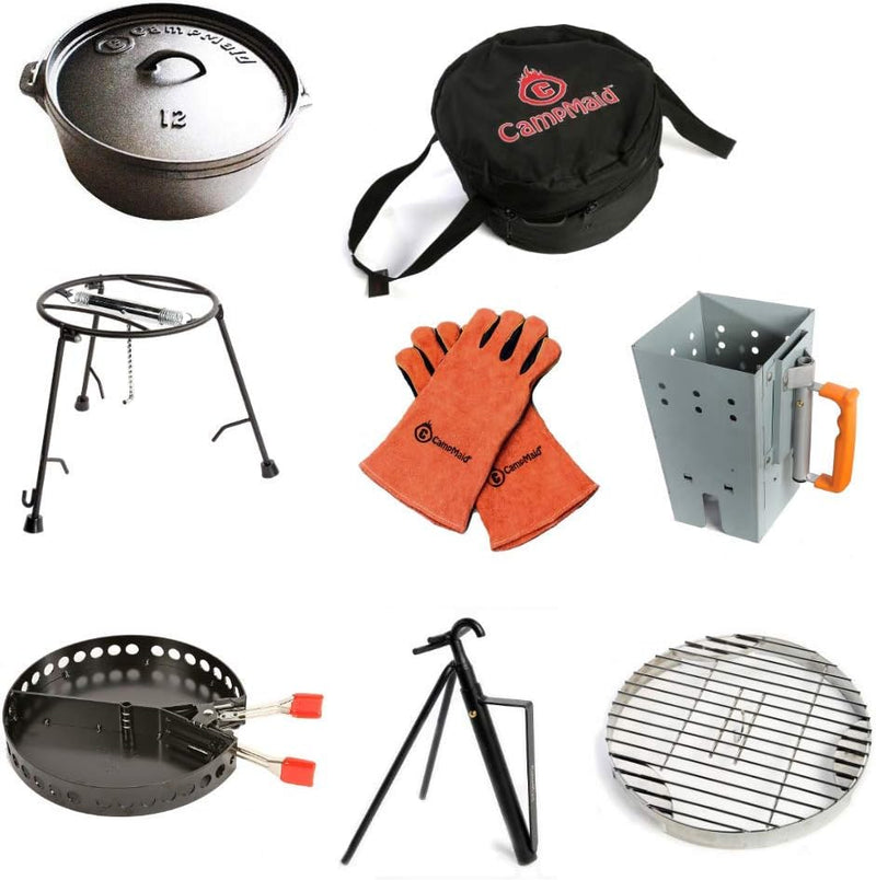 Outdoor Cooking Set - Dutch Oven and Tools Set - Charcoal Holder & Cast Iron Grill Accessories - Camping Grill Set - Outdoor Cooking Essentials - Camp Kitchen Equipment - (8 Piece Set) E1801