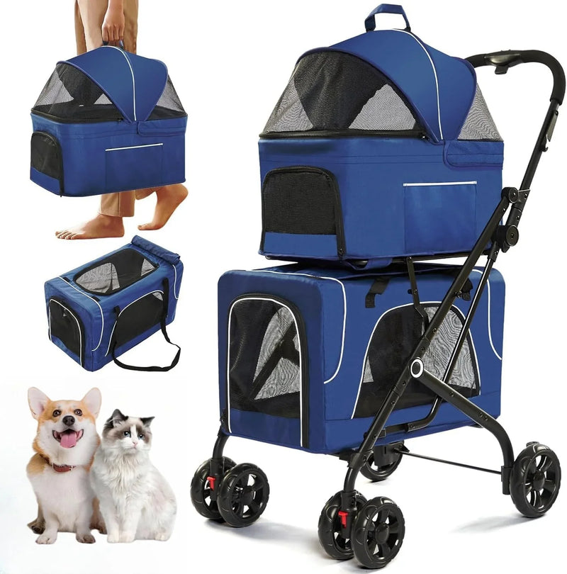 Double Dog Stroller for 2 Dogs, Detachable Carriers, Safety Belt, Lockable Wheels, Pet Travel Carrier Strolling Cart, Folding Cat Stroller for Small Medium Pets Dogs (Blue) P6621