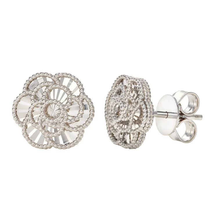 Diamond Cut Textured Flower Stud Earrings in White Gold M9192
