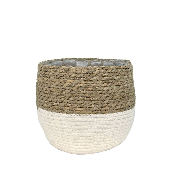 Lynne Weave Cotton Jute Round Basket Planter with Leaf-Proof Plastic Lining, 8-in P6666