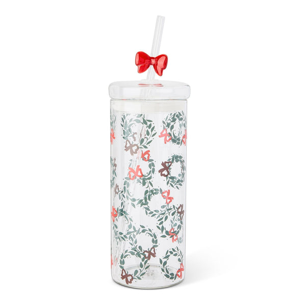 22-oz Printed Glass Tumbler with Bow Charm Straw T4528