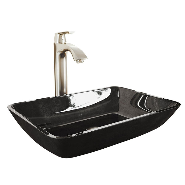 Glass Grey Onyx Bathroom Sink/Basin Set with Linus Faucet and Rectangular Vessel M6697