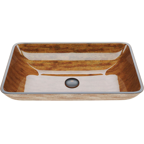 Glass Rectangular Vessel Bathroom Sink/Basin with Rounded Edges & Deep Bowl, Amber Sunset A4023
