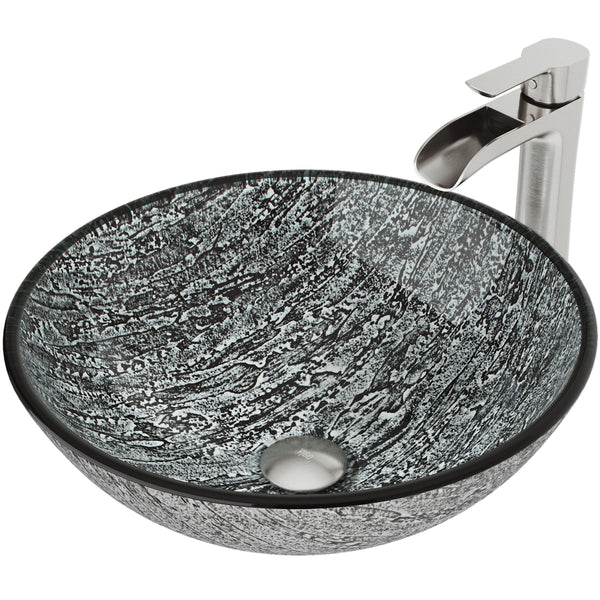Titanium Glass Slate Grey Bathroom Sink/Basin Set with Niko Faucet and Round Vessel A3317